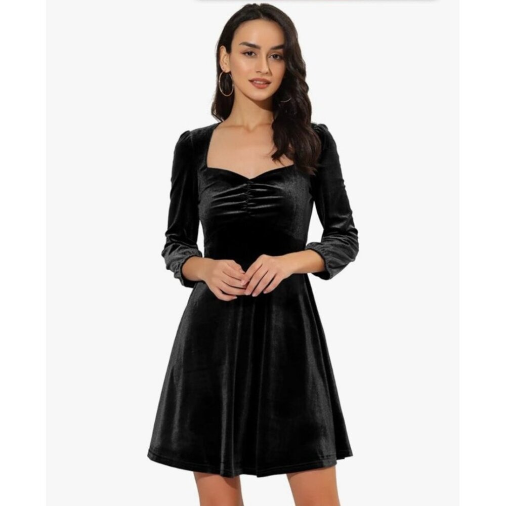 Allegra K Womens Black Velvet Wrap V-Neck Dress 3/4 Sleeves Elegant Party Wear